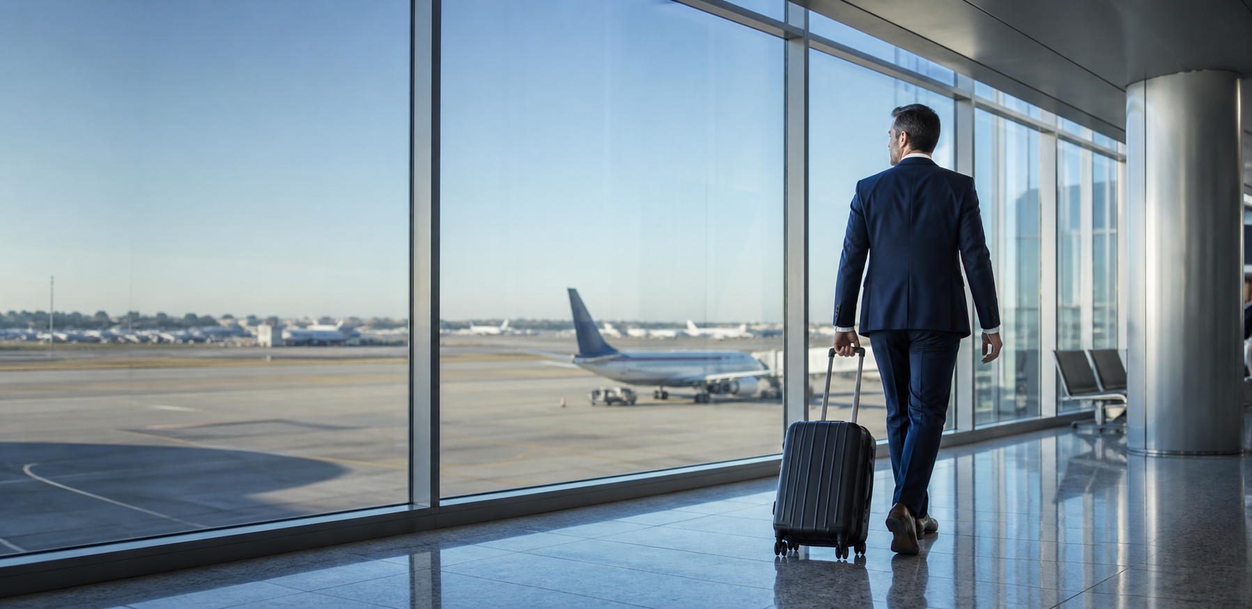 Executivo em aeroporto a caminho de uma viagem corporativa