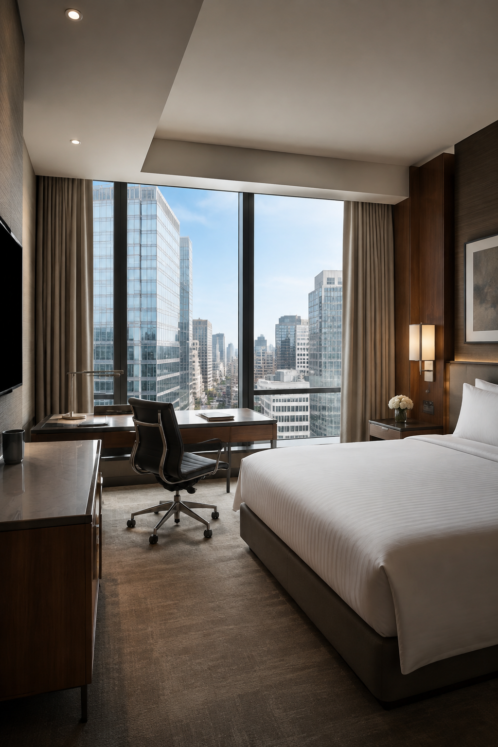 Quarto executivo de hotel com estação de trabalho e vista urbana