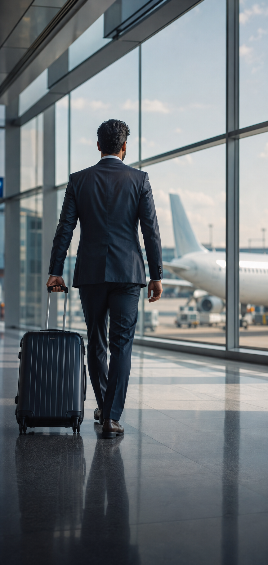 Executivo seguindo para o embarque em um aeroporto