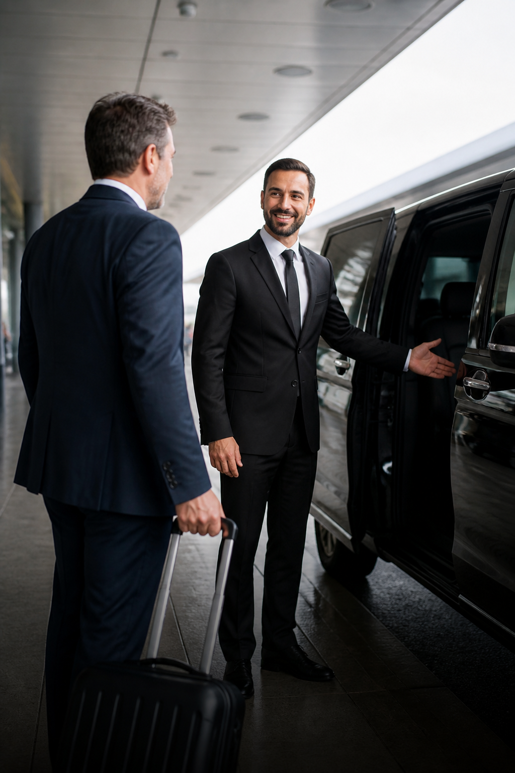Motorista executivo recebendo um viajante corporativo no aeroporto
